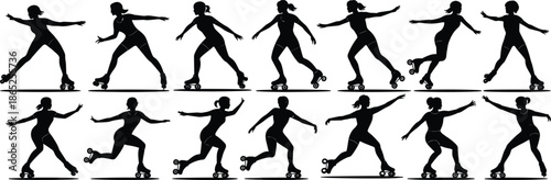 Collection of Dynamic Roller Skater Silhouettes: Active Lifestyle, Sport, Recreation, Hobby, People in Motion, Exercise, Fun, Retro, Vintage, Urban, Activity, Vector, 