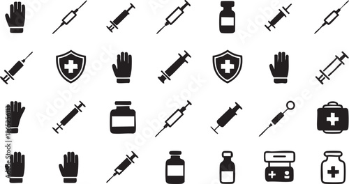 Medical icons collection featuring various healthcare symbols and elements in a grid layout
