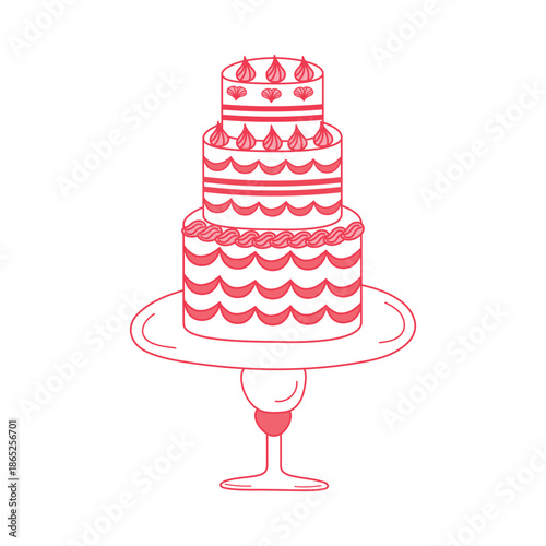 Vintage hand-drawn Valentine's Day cake. Flirty cake for weddings and anniversaries. Sweet dessert with outline drawing. Flirty romantic vector illustration for a poster or invitation.