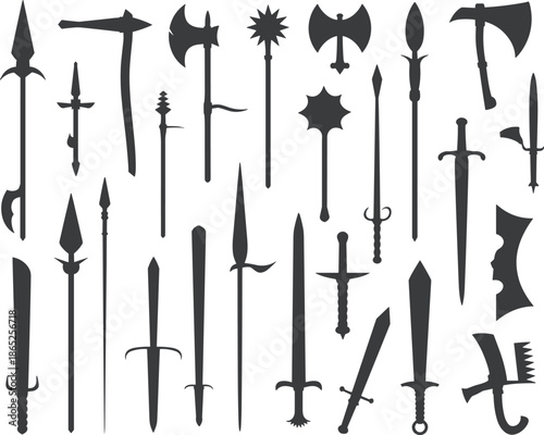 Collection of medieval weapon silhouettes, swords, spears, axes, fantasy blades, maces, daggers, and polearms for game, history, and design