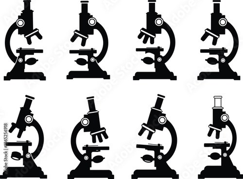 Collection of microscope silhouettes, scientific laboratory equipment, medical research tools, biology instruments, science icons, microscopy technology, black and white vector set.