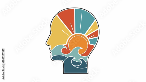 Conceptual representation of Mindset: head filled with sun, waves, and vibrant colors.  It is a visual metaphor for thoughts and feelings isolated on white background.generative ai
