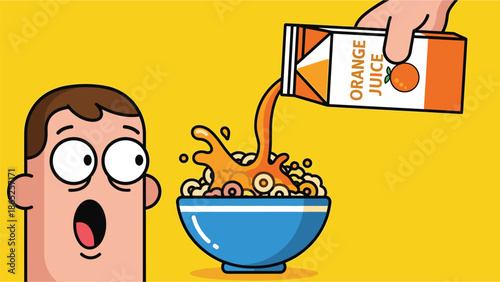 A cartoon man looks surprised as orange juice pours into his cereal bowl