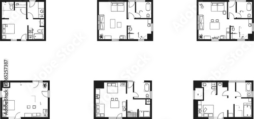 Collection of modern small apartment floor plans, compact residential layouts, minimal home interior blueprints, contemporary real estate space planning design illustrations.