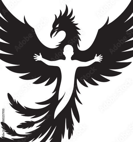 Person stands with outstretched arms surrounded by large phoenix wings in a striking black and white graphic illustration representing freedom and empowerment.