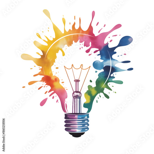 Exploding lightbulb bursts with vibrant watercolor splashes symbolizing brilliant new ideas and creativity