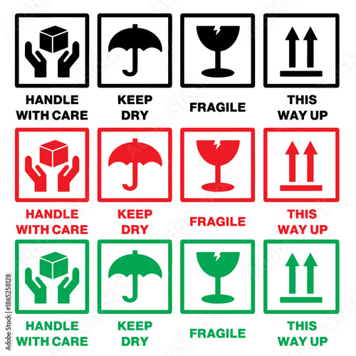 delivery shipping label. package, cargo warning, logistic and black icon. this way up, upwork, keep dry, handle with care icon