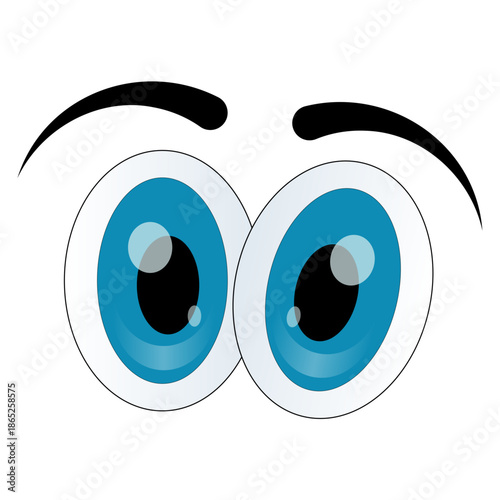 Pair of cute cartoon blue eyes with black pupils and eyebrows on white background