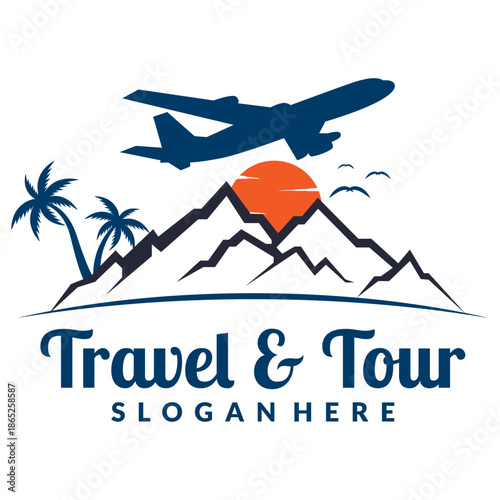 Travel and tour logo design with airplane mountain sunset and palm tree for vacation agency brand