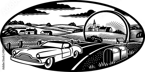 Vintage Countryside Drive in Classic Car at Sunrise