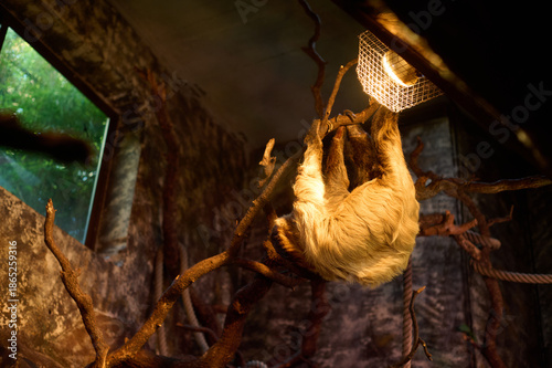 Two-toed sloth hanging from a branch under a heat lamp in a tropical wildlife park