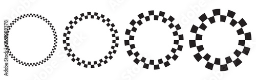 Set of round frames with black and white checkered print. Vignettes with race flag or chessboard pattern. Circular geometric frameworks. Vector graphic illistration