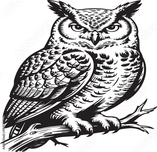 Majestic owl perched on a branch with sharp talons and intricate feather details in a striking black and white illustration, showcasing its nocturnal beauty and predatory prowess.