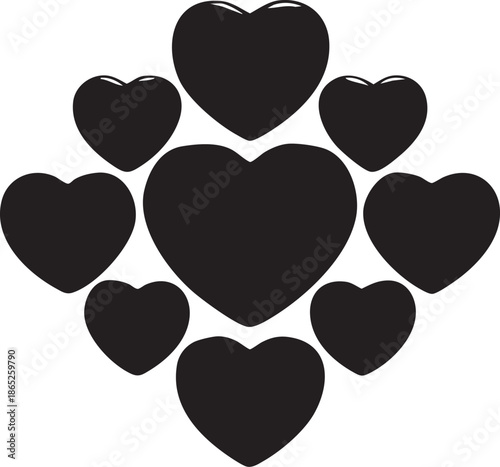 Black shiny hearts are arranged in a circular pattern on a beige background symbolizing love and affection in a visually appealing and elegant digital artwork.