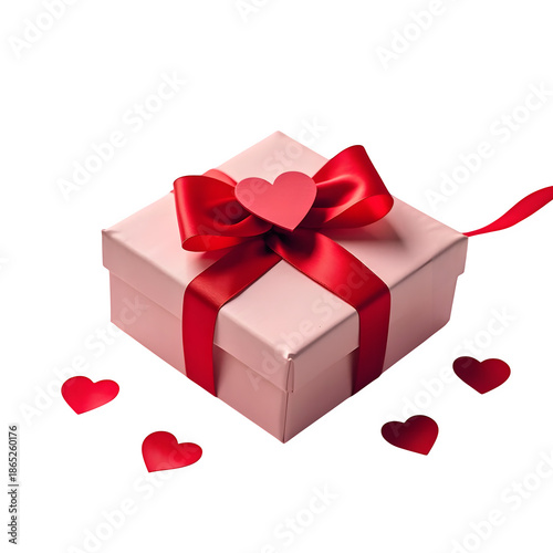 Valentine Gift Box with Red Ribbon and Heart Decoration, Transparent Background