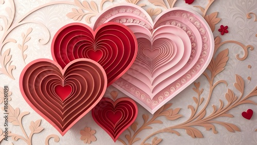Multiple layered paper cut hearts in red and pink with 3D depth effect, Valentine love background isolated