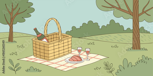 Romantic Picnic in Lush Green Park with Finger Foods and Wine