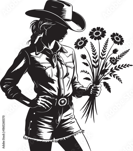 Beautiful cowgirl confidently holds a bouquet of flowers wearing a hat and casual attire, standing relaxed in a classic western pose.