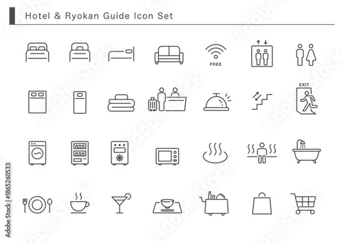 宿泊施設向け 館内設備・サービス案内の線画アイコンコレクション