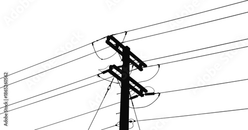 Electric utility pole silhouette, multiple power lines crossing sky, energy distribution network
