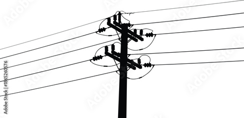 Electric utility pole silhouette, multiple power lines network, energy distribution infrastructure background
