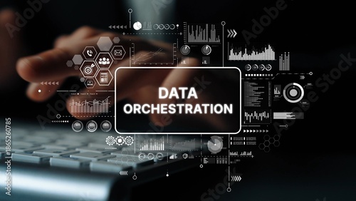 Canvas Print Professional hands typing on a keyboard with a dynamic data orchestration graphic overlay showcasing statistics and charts
