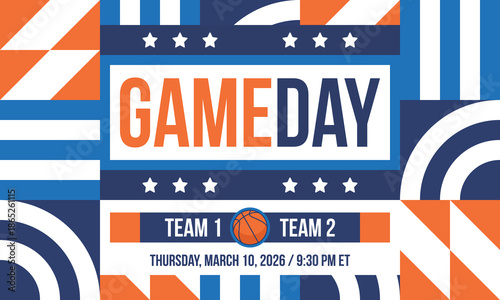 Game Day. Basketball playoff in March. Super sport party in United States. Final games of season tournament. Professional team championship. Ball for basketball. Sport poster. Vector