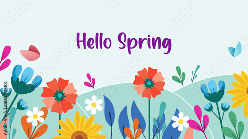Spring Background. Cartoon Vector illustration design for Poster, Banner, Flyer, Greeting, Card, Cover, Post, Promotion. beautiful and colorful plants, leaves and flowers.