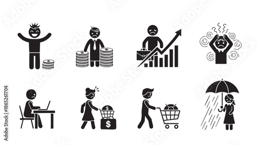 Illustration of financial success and struggles in daily life activities