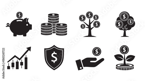 Illustration of financial growth and investment concepts with icons