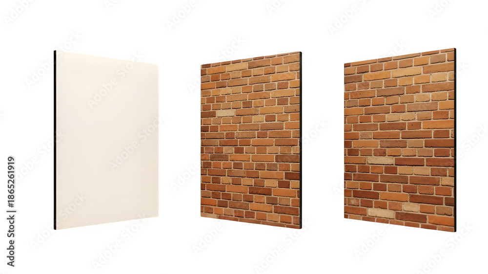 Three rectangular panels isolated on transparent background showcasing white and brick textures