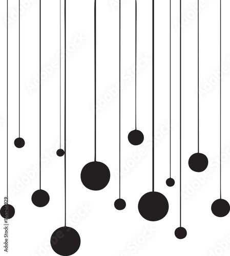 Black spheres of various sizes hang from thin cords against a white background creating a simple yet elegant mobile with subtle shadows adding Page Page gentle.