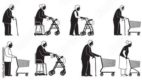 Series of elderly people using different mobility aids for daily activities