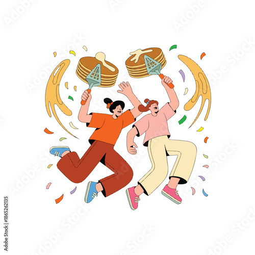 People Flipping Pancakes Celebration Vector