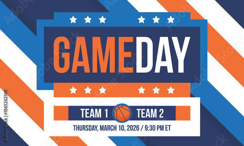 Game Day. Basketball playoff in March. Super sport party in United States. Final games of season tournament. Professional team championship. Ball for basketball. Sport poster. Vector
