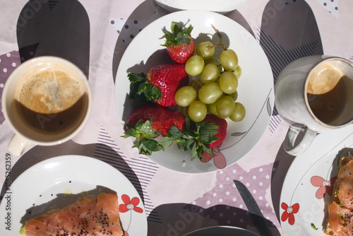 homemade breakfast with bread salmon ham eggs or chocolate in the morning