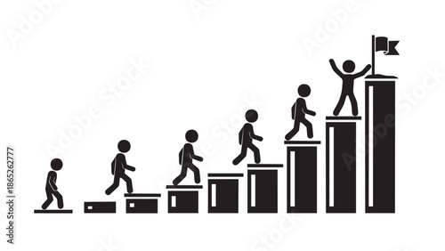 Silhouette of people climbing increasing success steps towards goal