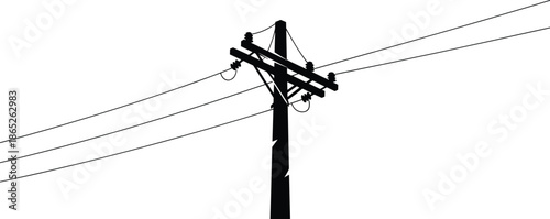 Electric utility pole silhouette, power lines stretching across sky, energy distribution background