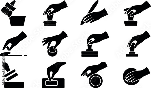 black silhouette icons of hands performing various actions with office supplies
