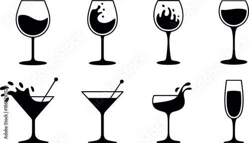 Black silhouettes of wine and cocktail glasses with various liquid levels