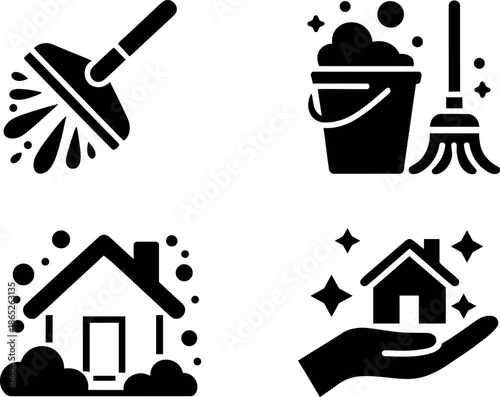 Cleaning service icons with house and tools