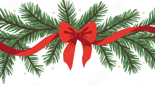 Vector illustration of pine tree branches with lush green needles and brown trunks, adorned with a vibrant red bow and flowing ribbons, in a flat design