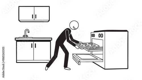 Woman placing baking trays into a hot oven in kitchen