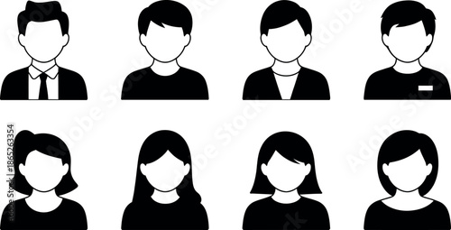 Eight people icons in black and white for user profiles or avatars