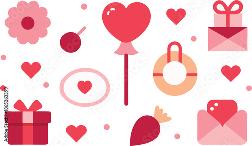 Heart shaped gifts and symbols in flat design