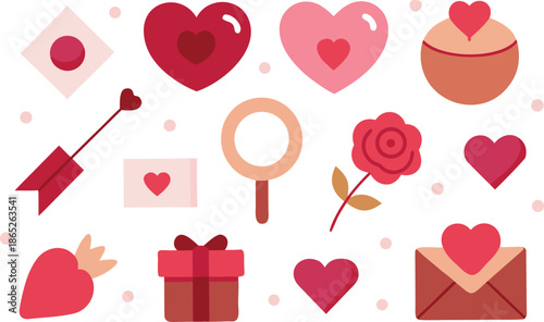 Collection of hearts and love symbols in flat style