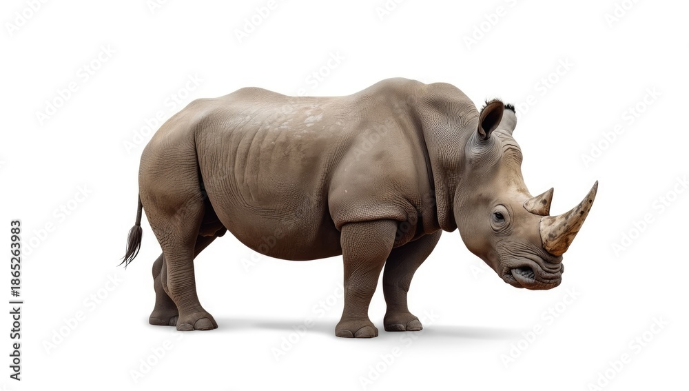 Fototapeta premium Rhino figure isolated on a plain white backdrop highlighting wildlife preservation