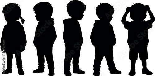 set of children silhouettes in various poses standing
