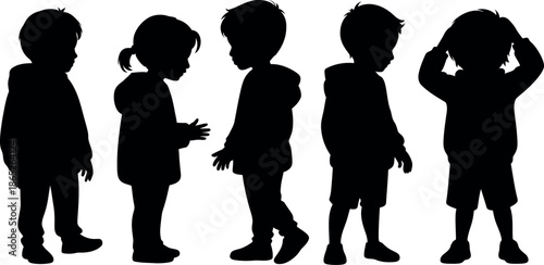 Silhouettes of children in various poses standing alone