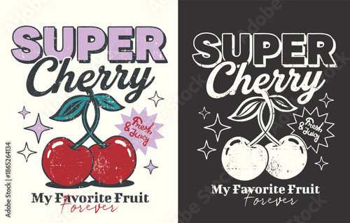 Super Cherry typography with cherry illustration. vintage grunge effects brush. Women's girl's tee shirt sweatshirt graphic tees use this artwork. fruit food print design in vector.